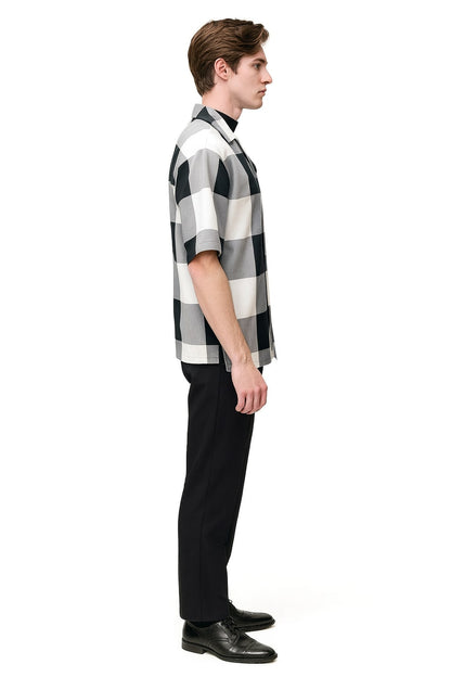 Mens Black and White Checkered Short Sleeve Shirt Set  Casual Two-Piece Summer Outfit