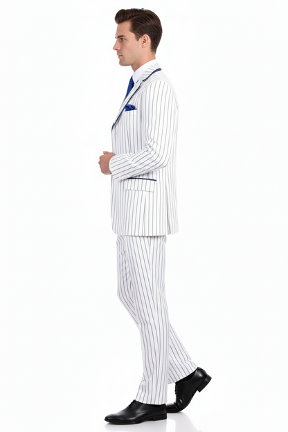 Mens White and Royal Blue Pinstripe 3-Piece Suit  Classic Fit Blazer with Vest, Pants, and Tie