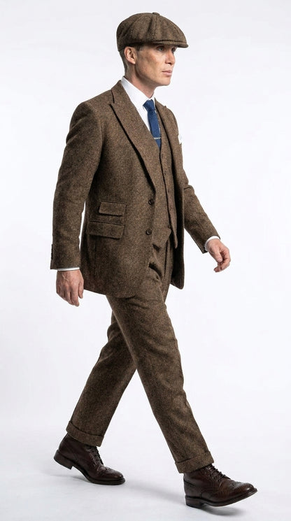 Men’s Thomas Shelby Inspired Brown Herringbone Tweed 3 Piece Suit – Peaky Blinders 1920s Vintage Suit