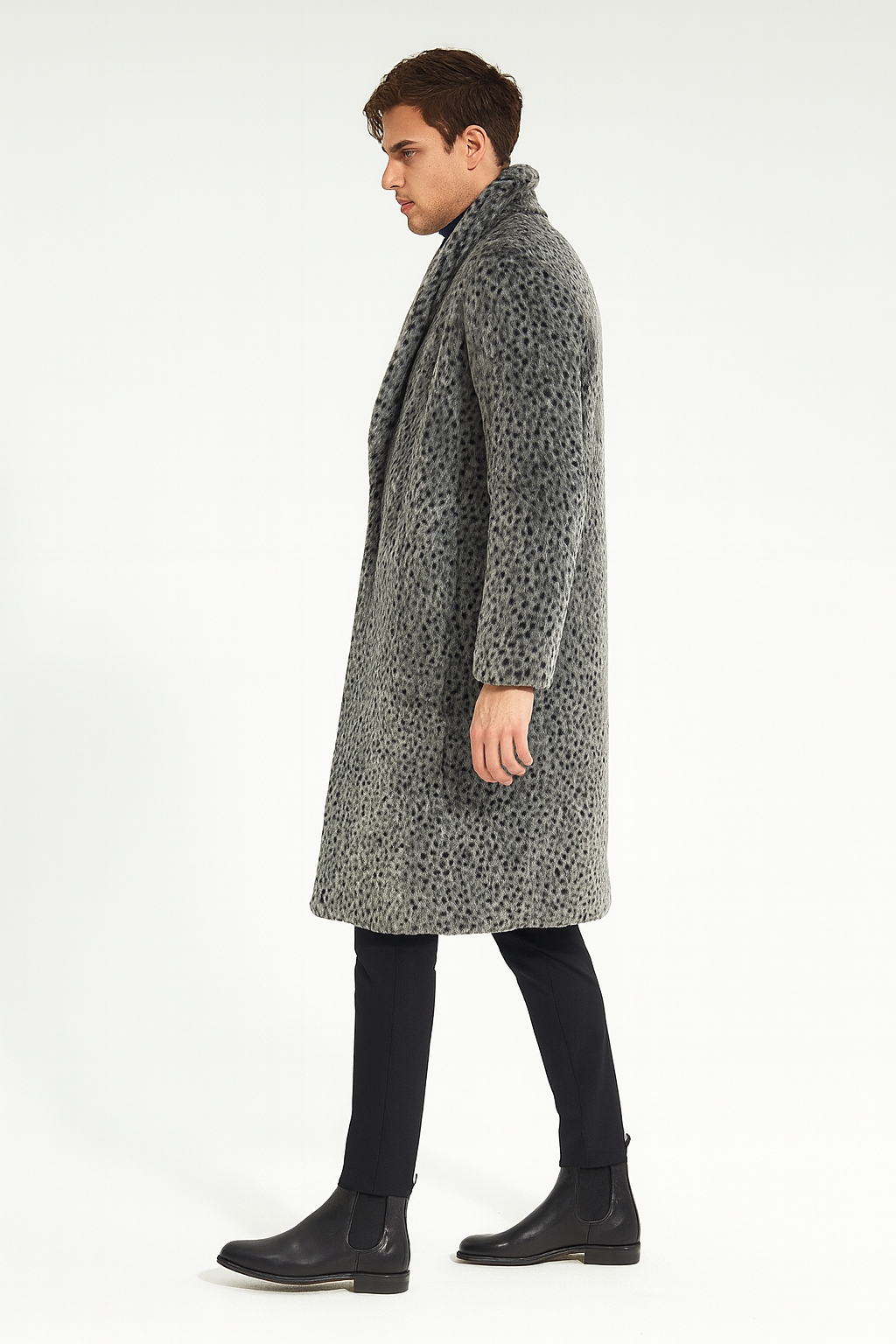 Mens Luxury Long Grey Faux Fur Coat  Winter Overcoat with Animal Print Design