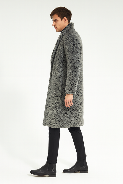 Mens Luxury Long Grey Faux Fur Coat  Winter Overcoat with Animal Print Design