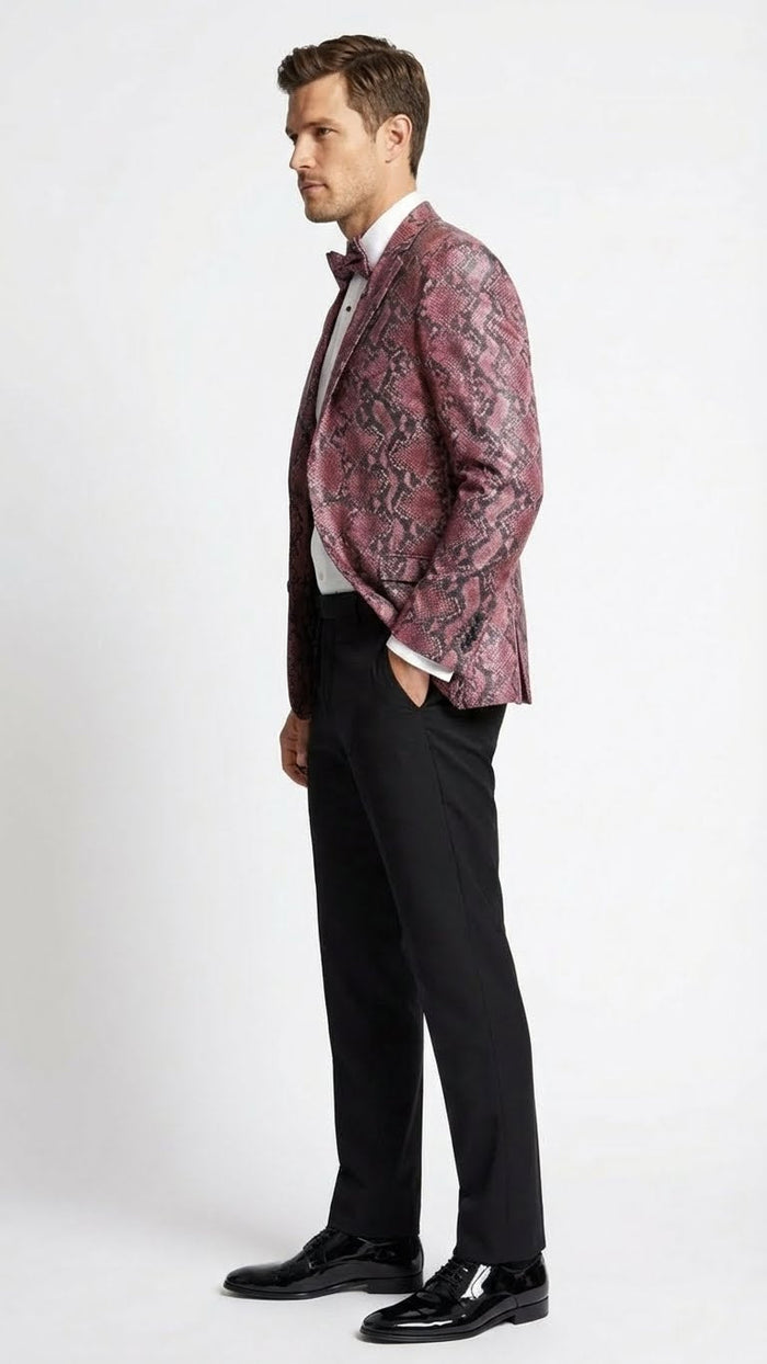 Mens Burgundy and Black Snakeskin Print Blazer  Alligator Crocodile Sport Jacket Exotic Skin