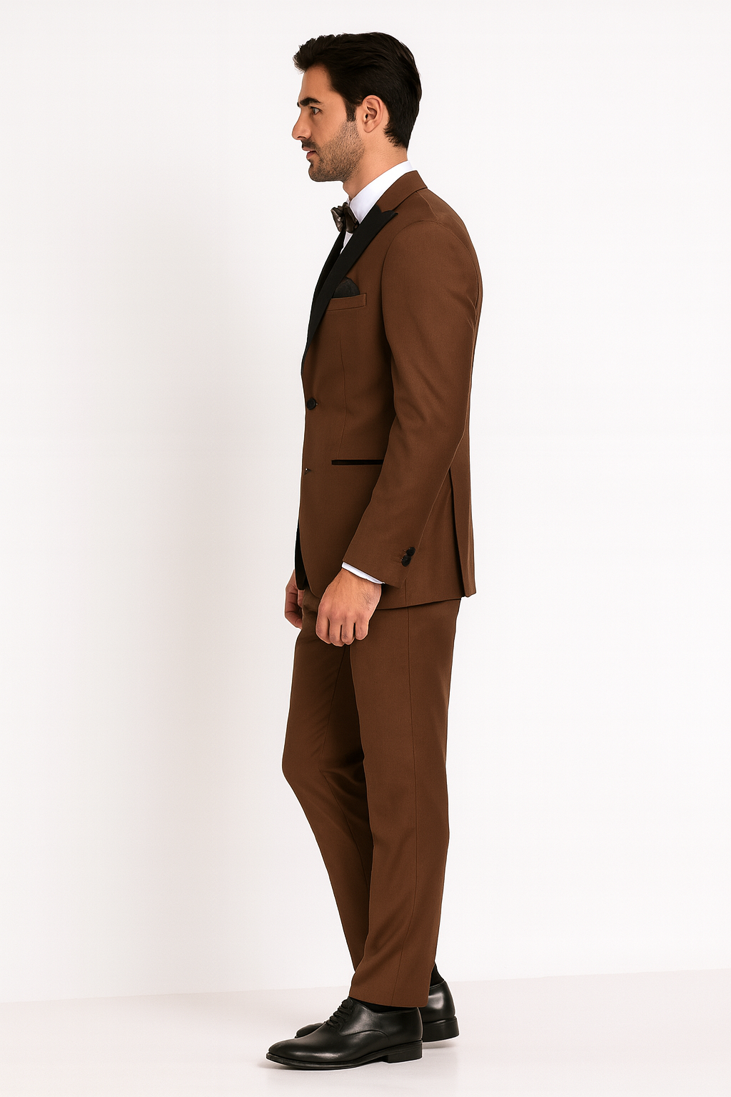 Mens Light Brown Tuxedo Suit with Black Satin Lapel  3 Piece Formal Wedding & Prom Outfit - Country Look