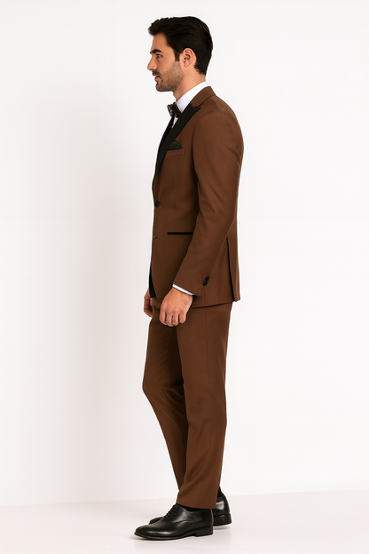 Mens Light Brown Tuxedo Suit with Black Satin Lapel  3 Piece Formal Wedding & Prom Outfit - Country Look