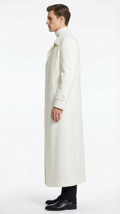 Mens Off-White Long Trench Coat – Overcoat with Classic Clean Design Duster Maxi Coat in Ivory Color