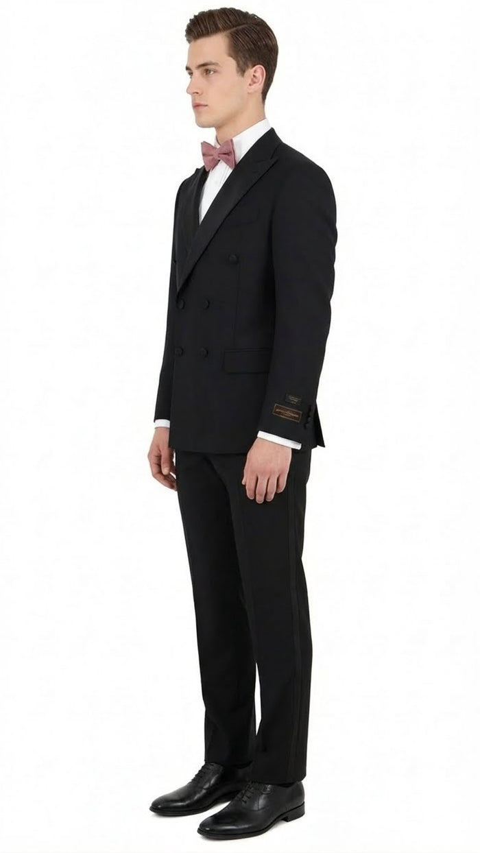 Tiglio Brand 100% Wool Super 150s Italian fabric Mens Classic Black Double-Breasted Tuxedo with Satin Peak Lapel  Formal Wedding & Gala Suit Set