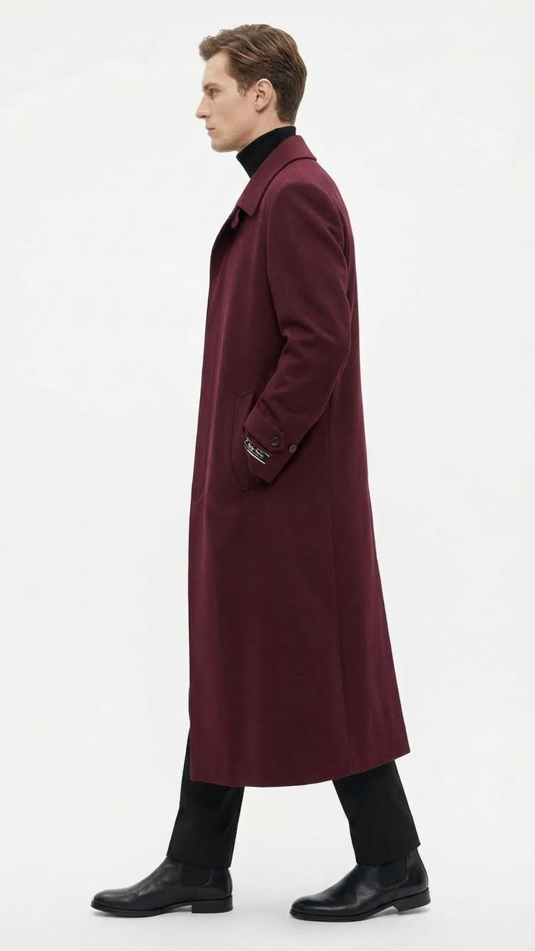 Mens Full-Length Burgundy Overcoat  Microfiber 4 season fabric  Long Formal Coat with Classic Tailored Maxi Duster Coat