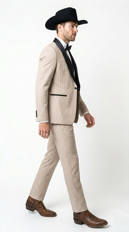 Men’s Beige Pinstripe Western 3 Piece Tuxedo Suit with Black Shawl Lapel, Formal Cowboy Wedding Prom Suit in Tan Khaki Color