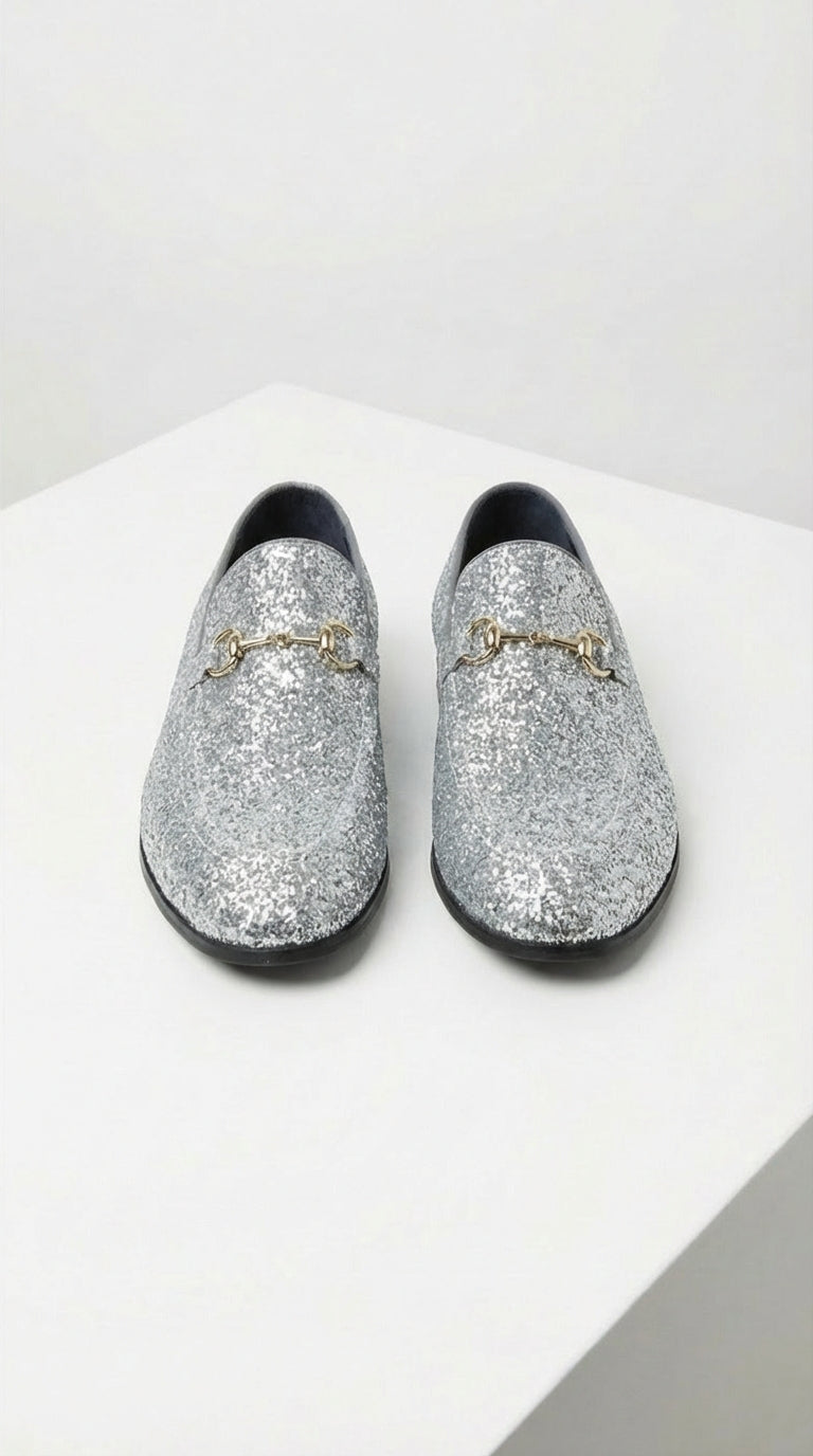 Men's Silver Gray Glitter Loafers | Sparkly Dress Shoes for Wedding, Prom, Party & Formal Events
