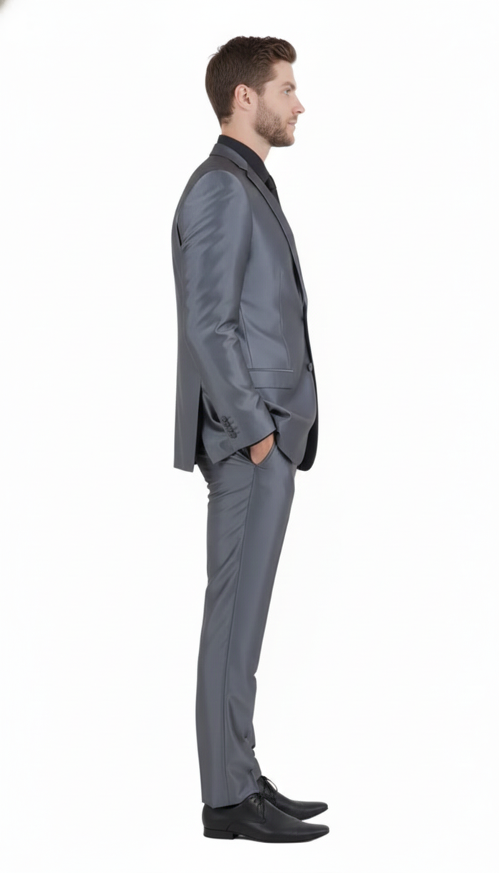 Mens Dark Grey Shiny Two-Piece Suit  Slim Fitted Formal Jacket and Tailored Pants - Sateen Metalic in Charcoal Gray Color