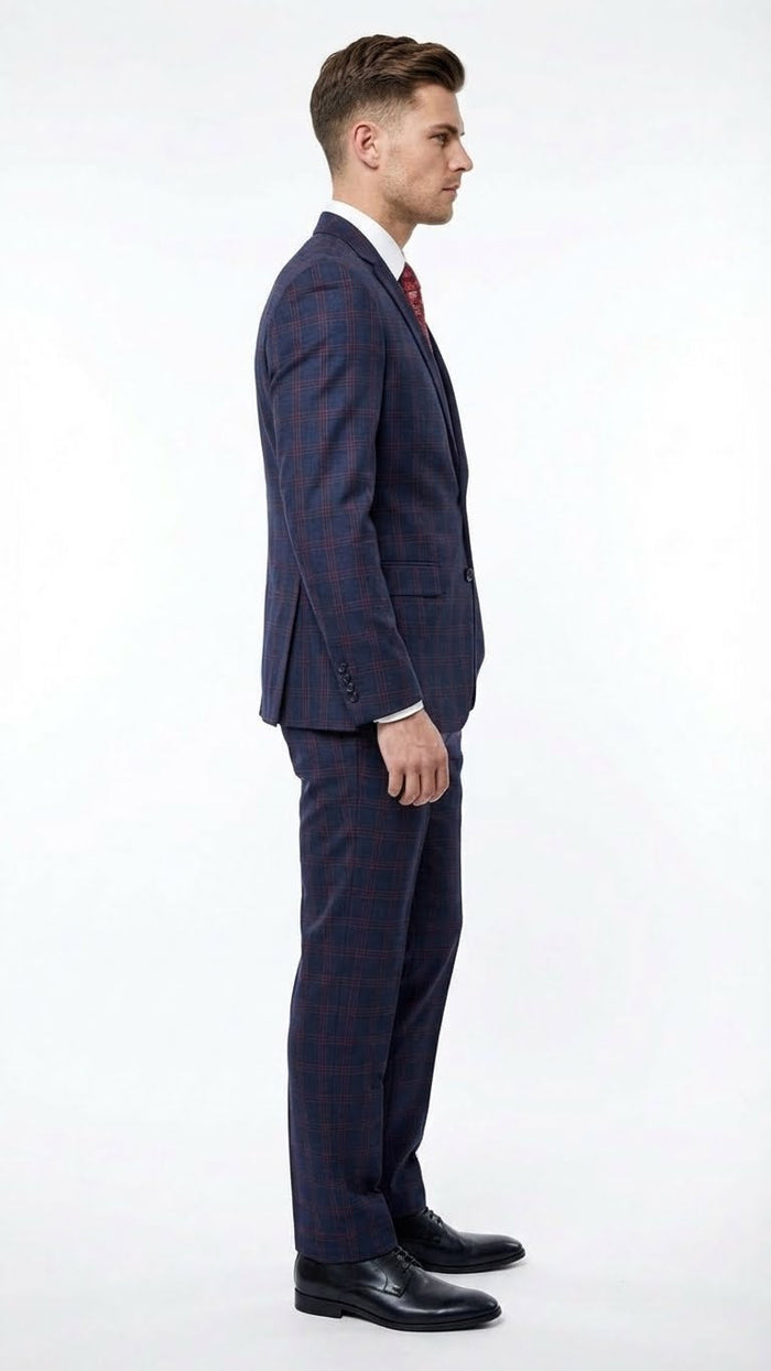 Mens Navy Blue and Burgundy Checkered Two-Piece Suit Plaid Windowpane  Flat Front Pants or Pleated Wide Leg Pants - 100% Wool