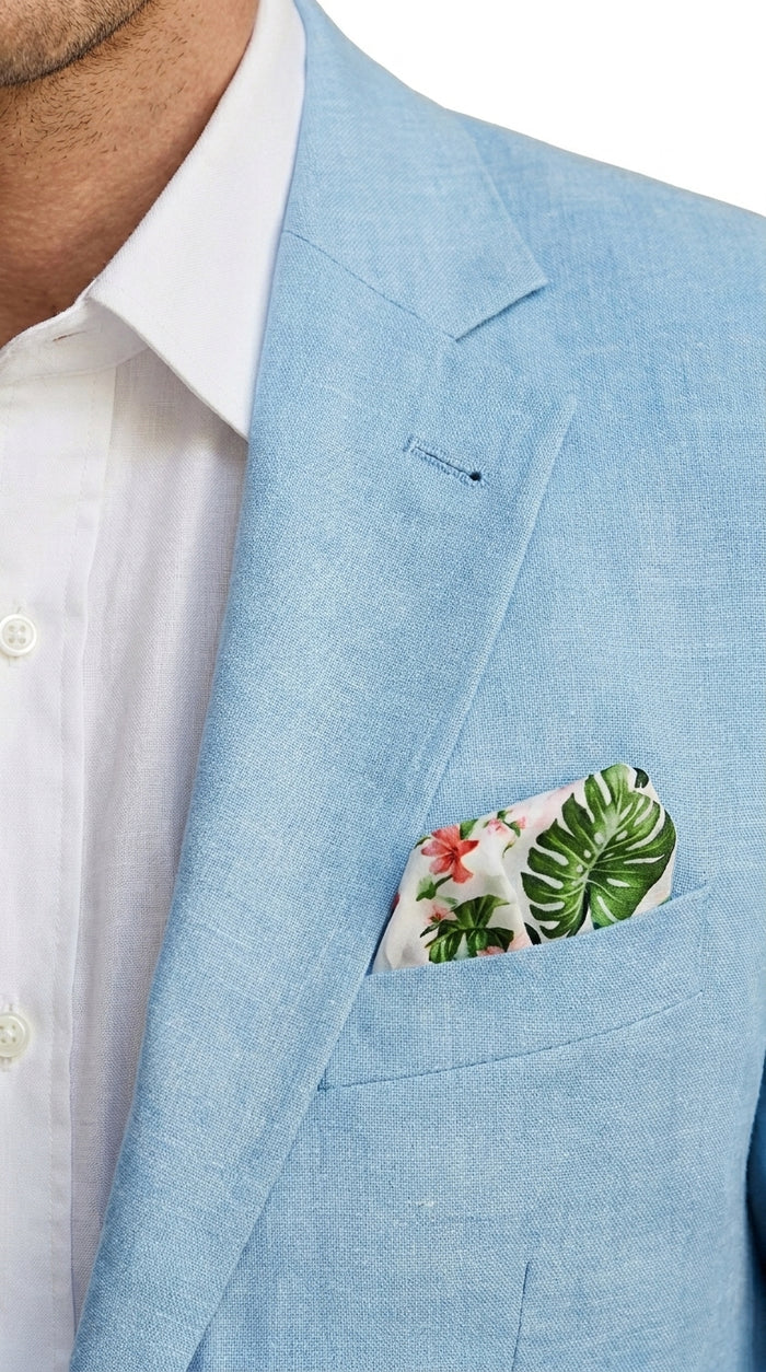 Men’s Sky Blue Linen Style Summer Blazer with Two Button Front, Lightweight Wedding Sport Coat