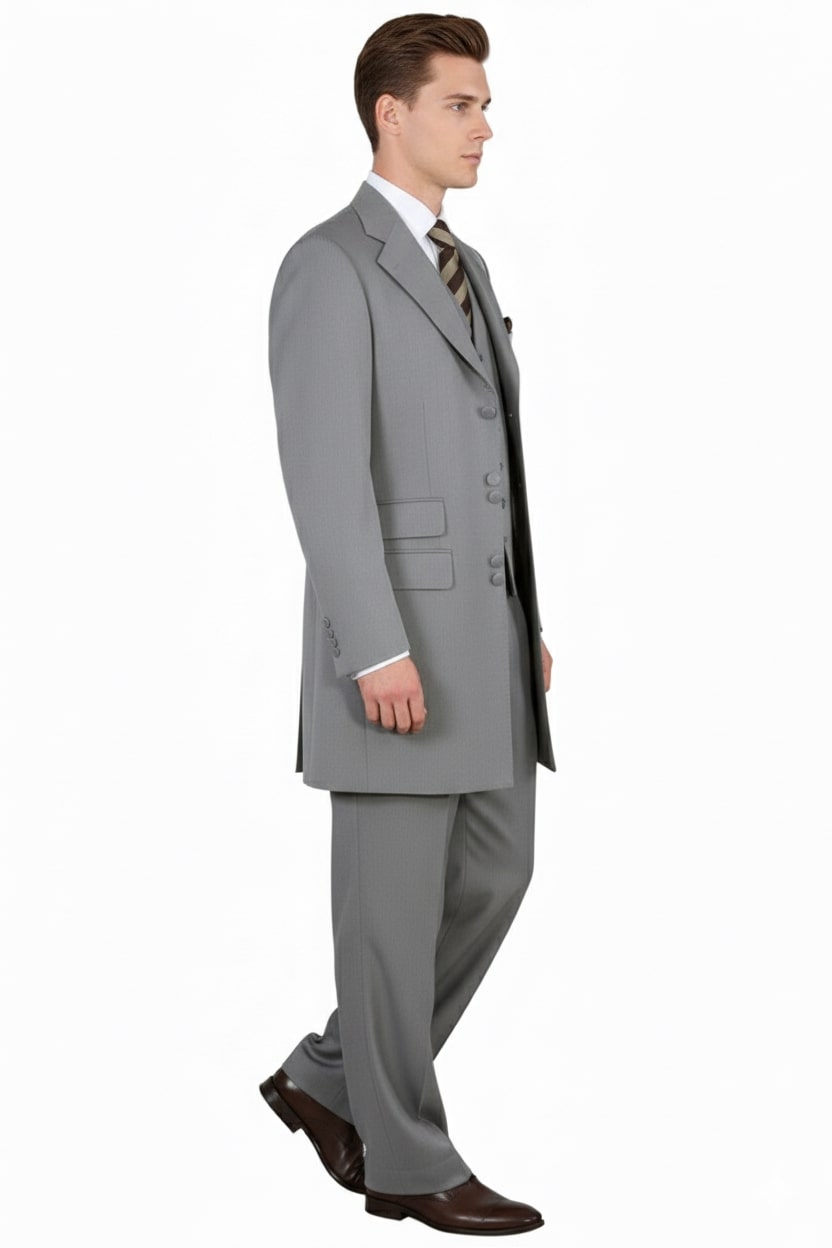 Mens Zoot Suit - Light Gray 3-Piece Suit with Vest  Classic Business and Wedding Formal Wear - 1920s Fashion