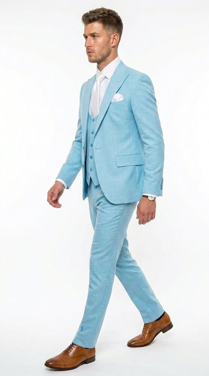Men’s Turquoise Light blue Suit, Vested Formal Dress Suit for Weddings, Prom, Summer Parties, and Special Occasions in Aqua Blue Color By Rossiman