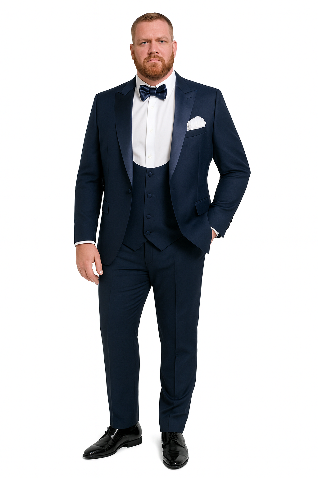 Mens Navy Blue Tuxedo with Satin Peak Lapel with navy sateen   3 Piece Formal Suit with Vest and Bow Tie