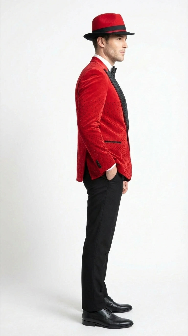 Men’s Red Velvet Fabric Rhinestone  Blazer with Matching Red and Black Hat – Christmas New Year Holiday Party Jacket Set