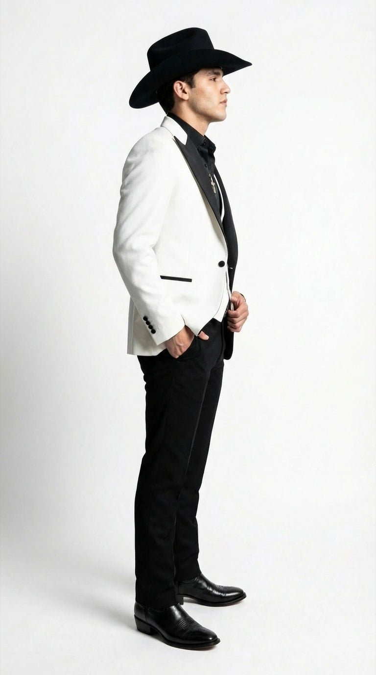 Men’s White Cowboy Tuxedo with Black Satin Lapel – Western Formal Suit with Matching Vest