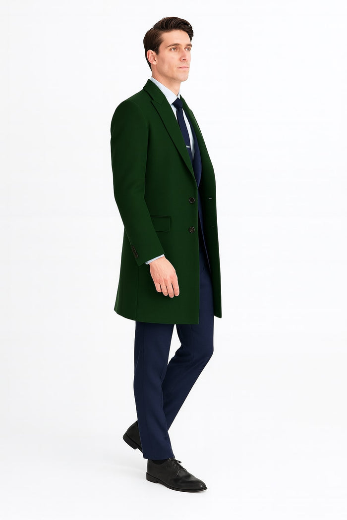Mens Dark Green Wool Overcoat  Classic Long Coat for Formal and Casual Style