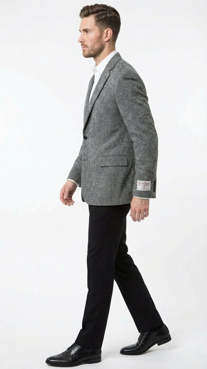 Men’s Grey Harris Tweed Blazer Jacket, Classic Herringbone Wool Sport Coat for Business Casual