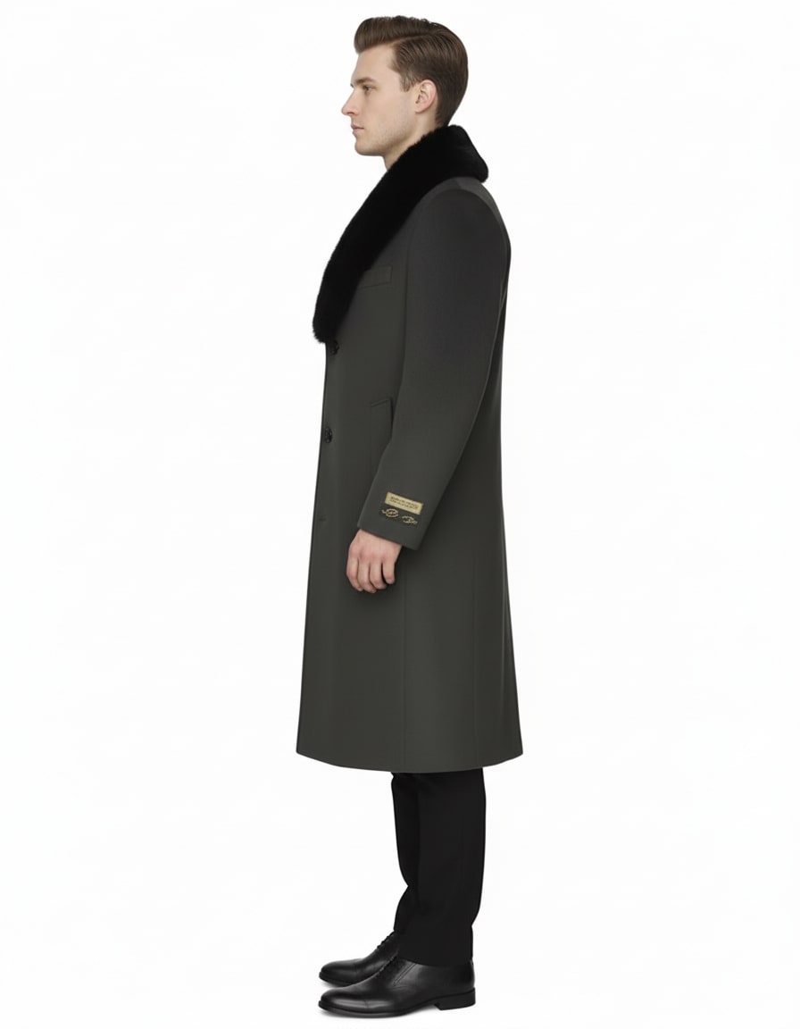 Mens Full Length Olive Overcoat with Black Fur Collar  Luxury Wool Fabric Winter Long Coat in Hunter Green