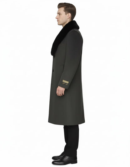 Mens Full Length Olive Overcoat with Black Fur Collar  Luxury Wool Fabric Winter Long Coat in Hunter Green