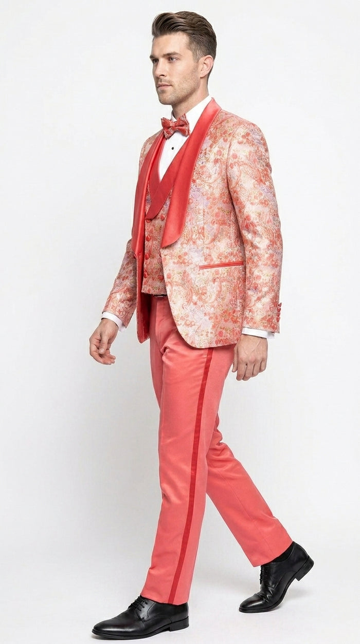 Men's One Button Paisley Wedding Tuxedo with Double Breasted Vest in Coral Orange