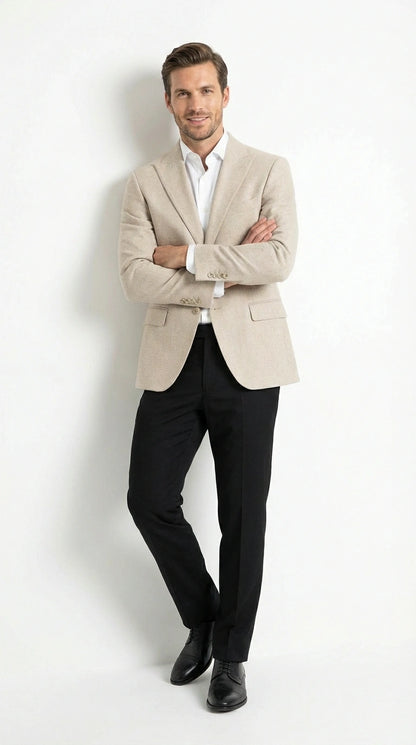 Zacchi Men’s Beige Hopsack Blazer – Classic Two Buttons Sport Coat with Peak Lapel Formal Jacket
