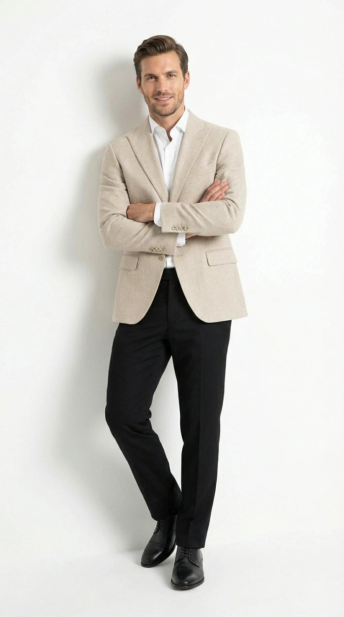 Zacchi Men’s Beige Hopsack Blazer – Classic Two Buttons Sport Coat with Peak Lapel Formal Jacket