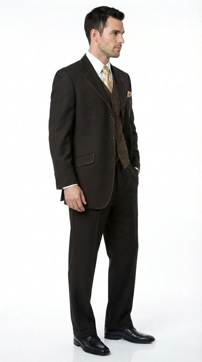 Tuxedo Men’s Dark choclate Brown Three Buttons 3 Piece Suit – Classic Brown 3PC Wedding, Church and Business Formal Suit for Men