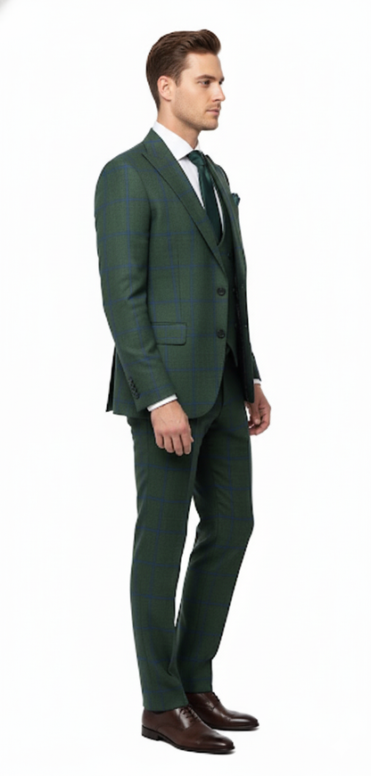 Mens Green Plaid 3-Piece Suit  Classic Check Slim Fit Suit for Weddings, Church, and Formal By Rossiman