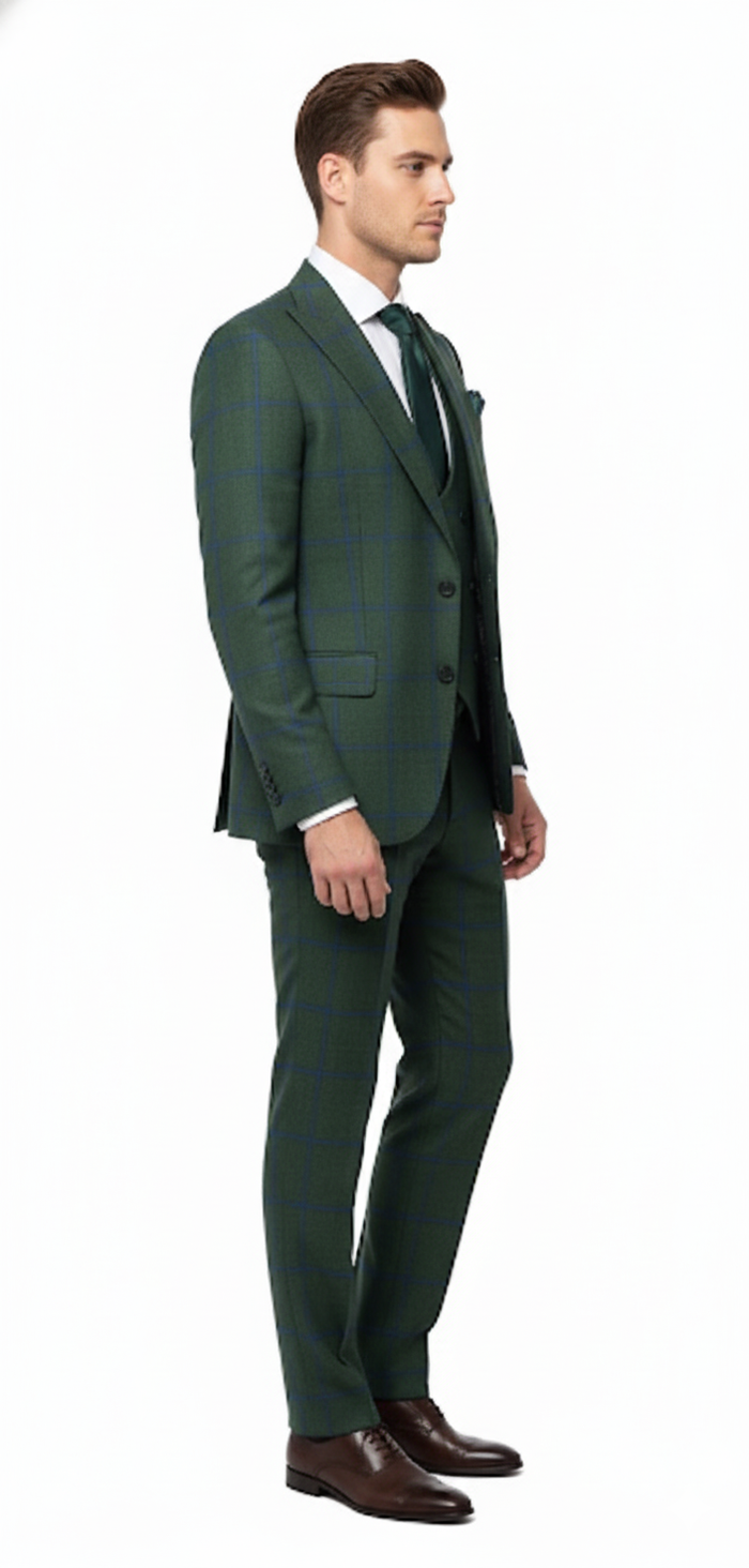 Mens Green Plaid 3-Piece Suit  Classic Check Slim Fit Suit for Weddings, Church, and Formal By Rossiman