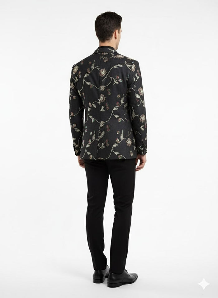 Luxury Black Floral Embroidered Blazer for Men  Designer Party and Wedding Wear Jacket