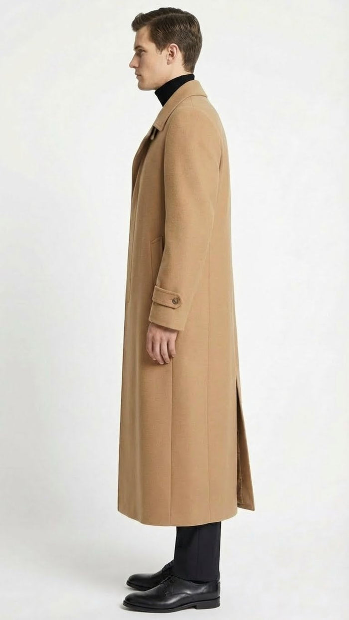 Mens Full-Length Camel Overcoat  Classic Long Microfiber-Blend Coat for Winter and Formal Wear Maxi Duster Coat