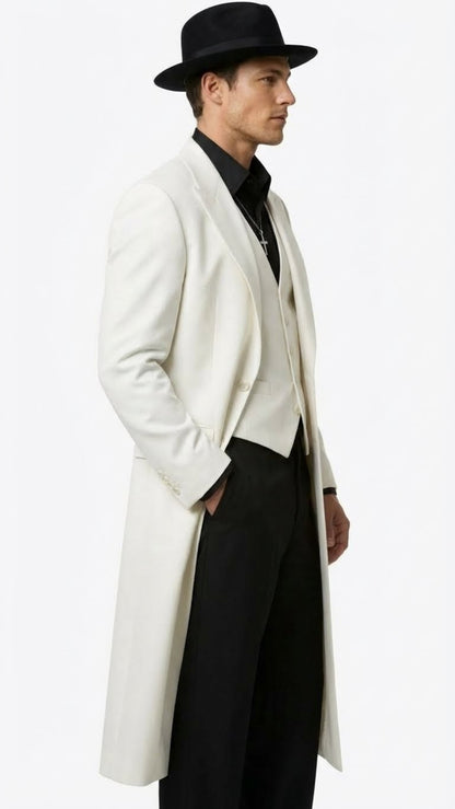 Mens White Long Zoot Suit Costume Set with Black Pants – Wedding, Prom and Party Outfit 1920s - 1930s Gangster Style