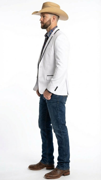 Men’s White Western Blazer with Black Trim – Classic Cowboy Style