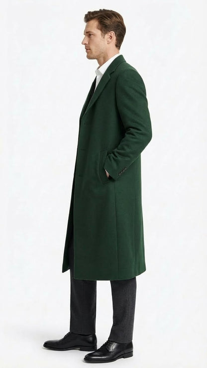 Mens Hunter Green Full-Length Wool Overcoat  Classic Winter Dress Coat for Formal and Casual Wear Topcoat Mens Wintercoat