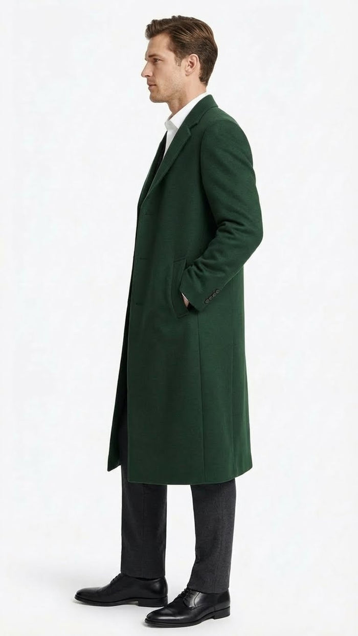 Mens Hunter Green Full-Length Wool Overcoat  Classic Winter Dress Coat for Formal and Casual Wear Topcoat Mens Wintercoat