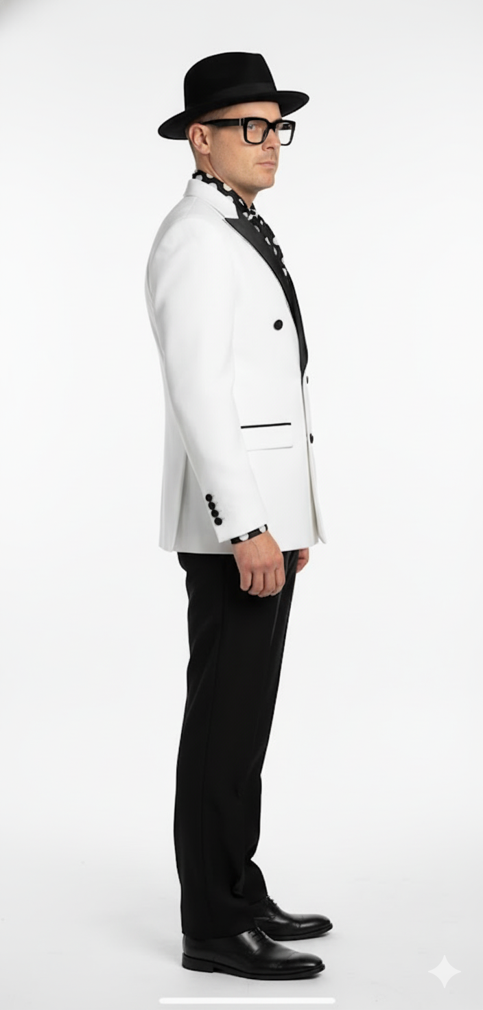 Mens White and Black Double-Breasted Tuxedo  Modern Slim Fit Formal Suit for Weddings, Parties, and Special Occasions