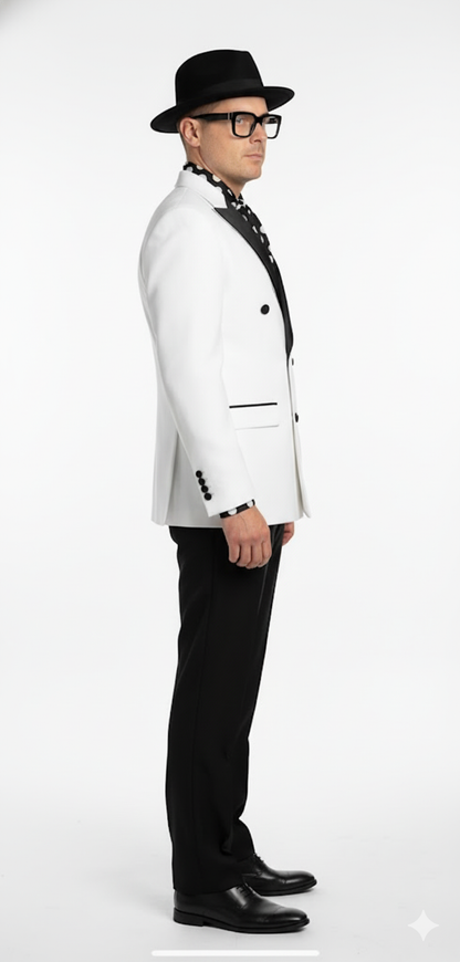 Mens White and Black Double-Breasted Tuxedo  Modern Slim Fit Formal Suit for Weddings, Parties, and Special Occasions
