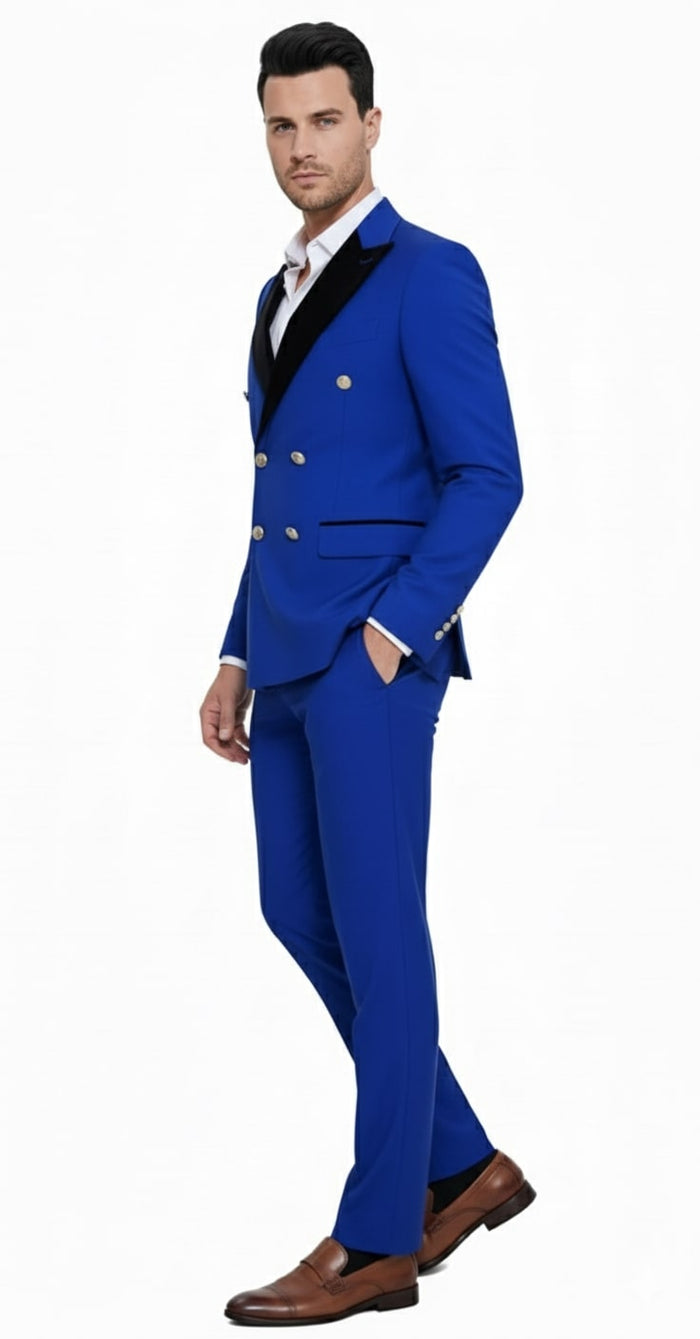 Mens Royal Blue Double-Breasted Tuxedo Suit  Modern Slim Fit Formal Wedding and Prom Outfit with Black Satin Lapel