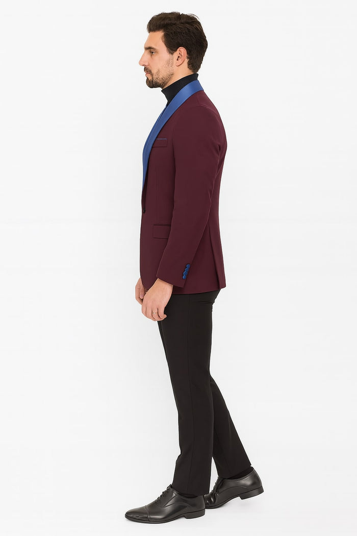 Mens Burgundy Tuxedo Dinner Jacket Blazer with Blue Satin Shawl Lapel  Wedding and Party Jacket