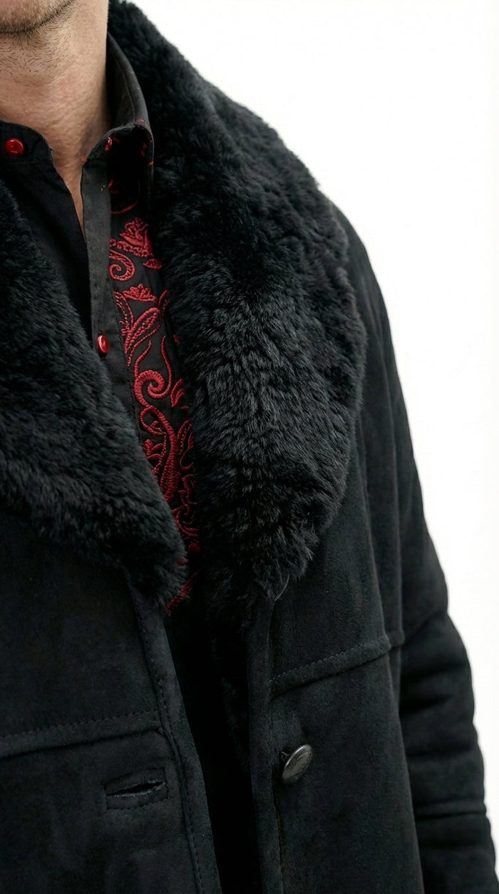 Men’s Black Sheepskin Leather Jacket Cowboy – Warm Faux Fur Collar Coat, Winter Long Jacket, Casual Western Style Outerwear