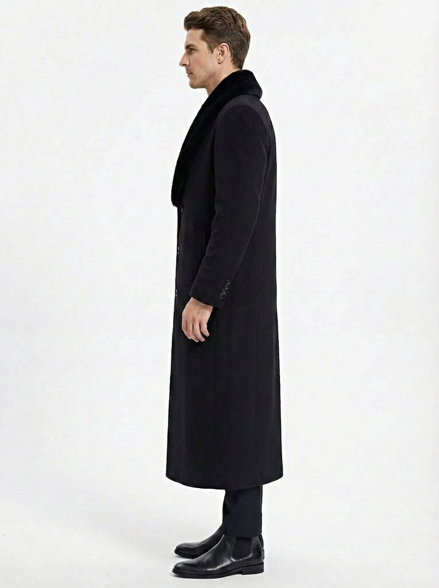 Men’s Black Long Overcoat with Faux Fur Collar, Full Length Winter Topcoat for Formal and Business Wear