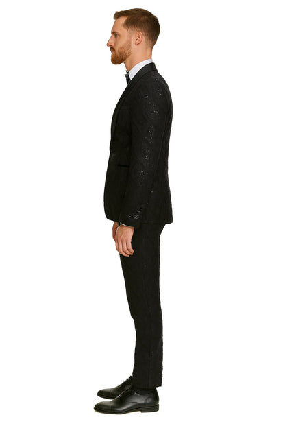 Black Sequin Tuxedo Suit with Satin Shawl Lapel  Mens Slim Fit Formal Prom and Wedding Attire
