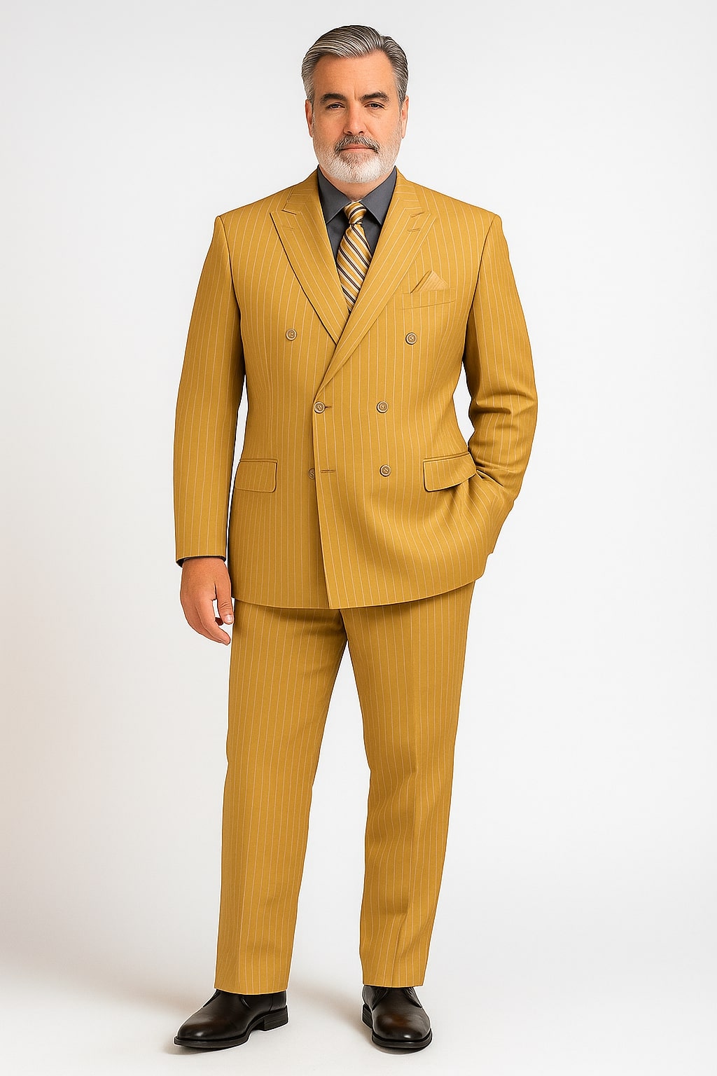 Mens Camel Tan Pinstripe Double-Breasted Suit  Bold 6-Button Modern Vintage Style