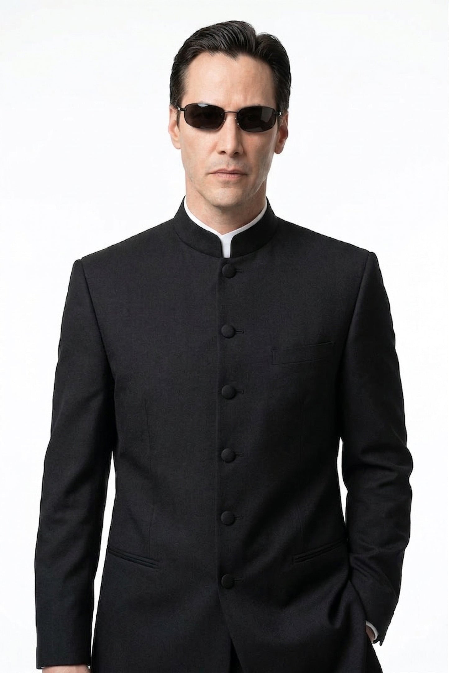 Men’s Black Coat Matrix Keanu Reeves Inspired Long Coat – Classic Mandarin Collar Formal Overcoat, Stylish Winter Trench Coat, Neo Style Jacket