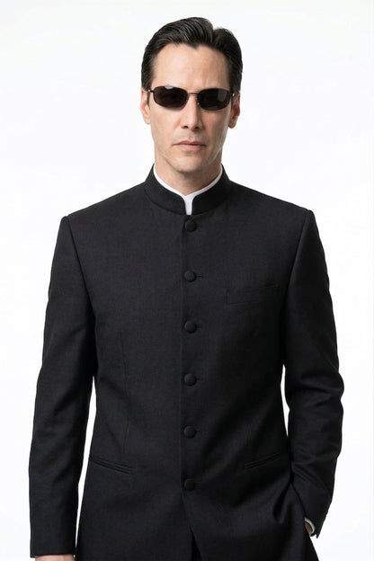 Men’s Black Coat Matrix Keanu Reeves Inspired Long Coat – Classic Mandarin Collar Formal Overcoat, Stylish Winter Trench Coat, Neo Style Jacket