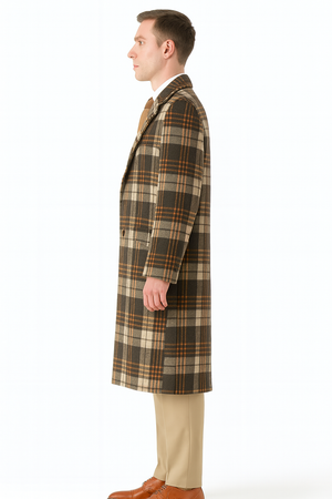 Mens Vintage Plaid Overcoat Wool Fabric  Classic Retro Long Coat in Brown And Camel and Beige Color