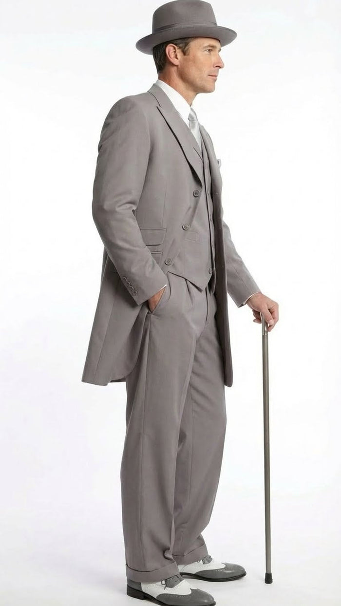 Men’s Gray Zoot Suit with Matching Hat and 1920s Shoes | Grey Vintage Wedding and Party Three Piece Suit
