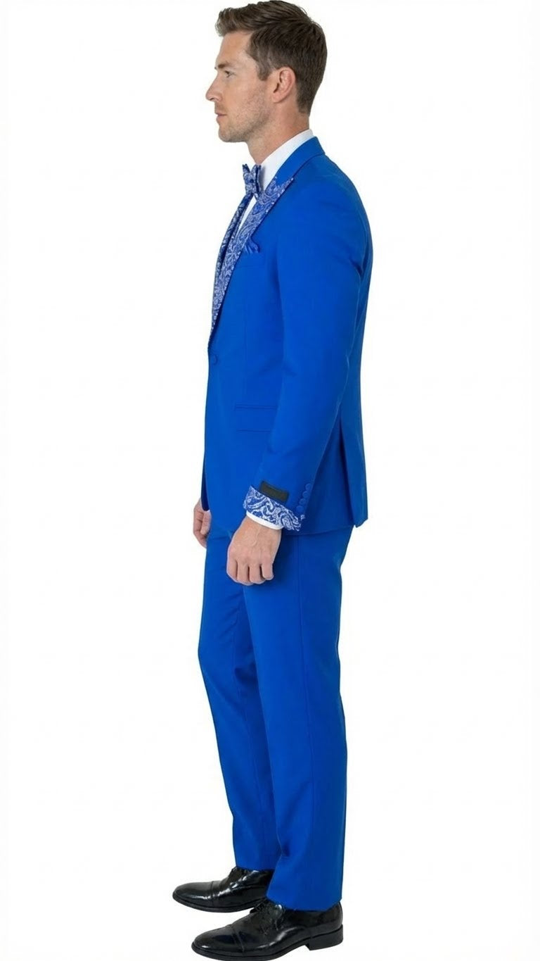 Mens Bright Royal Blue and White lapel  Embellished Tuxedo Suit   3-Piece Formal Wedding, Prom, and Gala Outfit